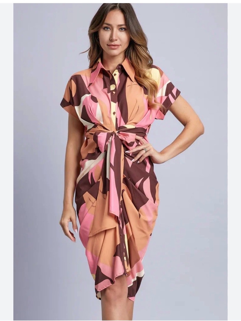 Abstract Tie-Waist Midi Shirt Dress in Pink & Brown